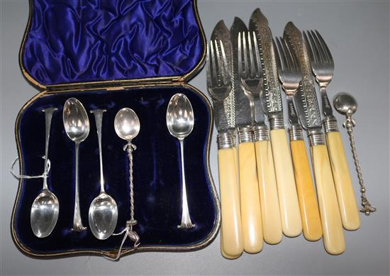 Four Onslow pattern teaspoons, a pair 800 standard teaspoons with crane & cherub terminals & four pairs of plated fish knives & forks